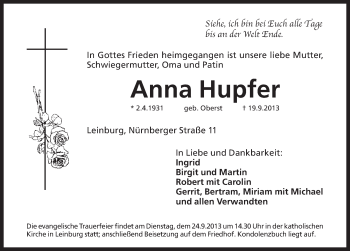 Traueranzeige von Anna Hupfer von Pegnitz-Zeitung